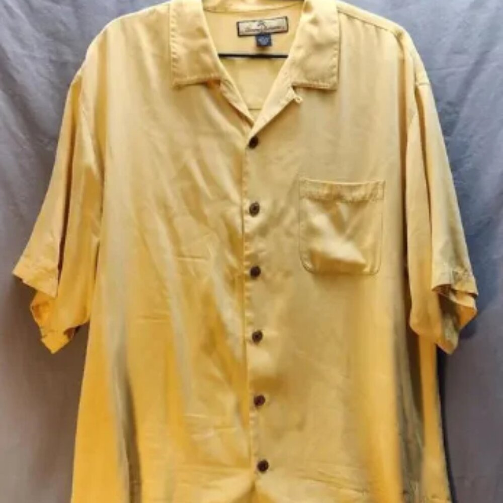 Tommy Bahama Pale Yellow‎ 100% Silk Solid Hawaiian Shirt Size L